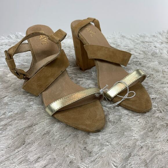 RAYE Gold Tan Suede Wood Heels Revolve Sz  8.5 - Picture 3 of 9